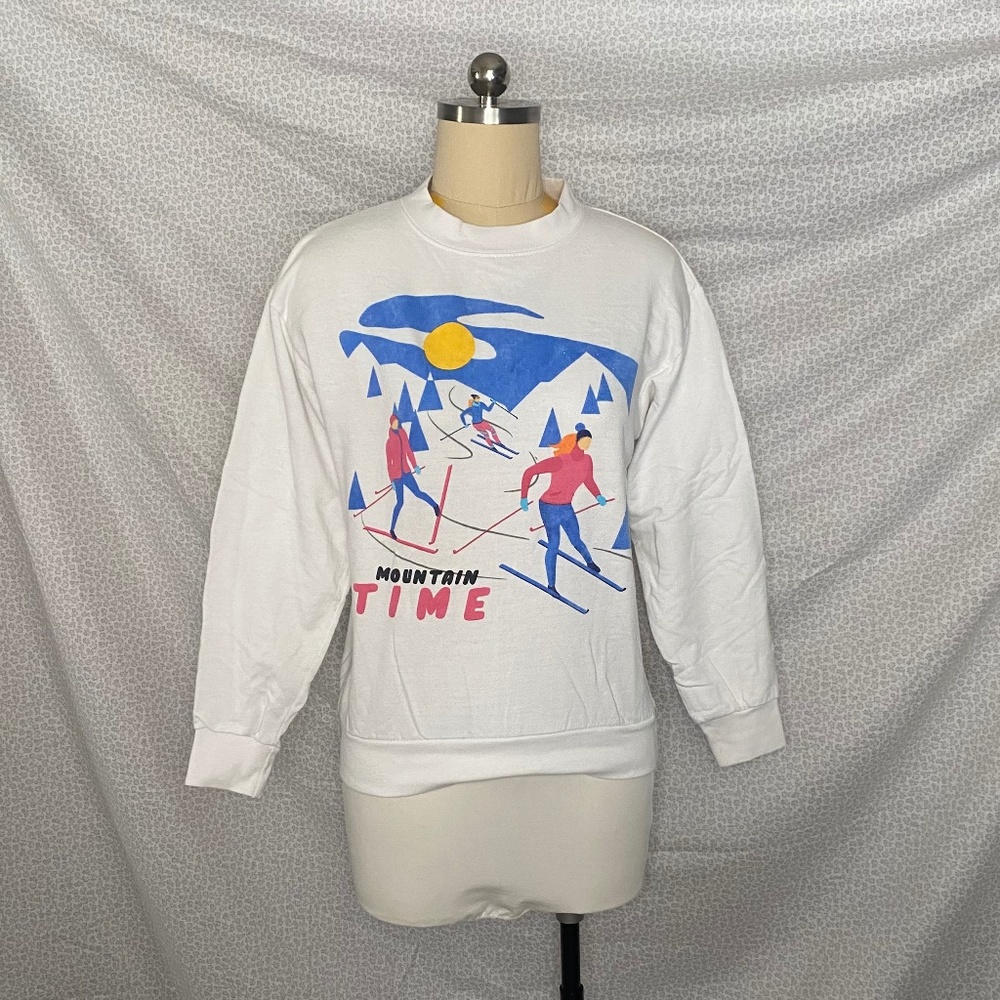 White Blue Pink Yellow Mountain Ski Print Cotton Crewneck Sweatshirt Long Sleeve